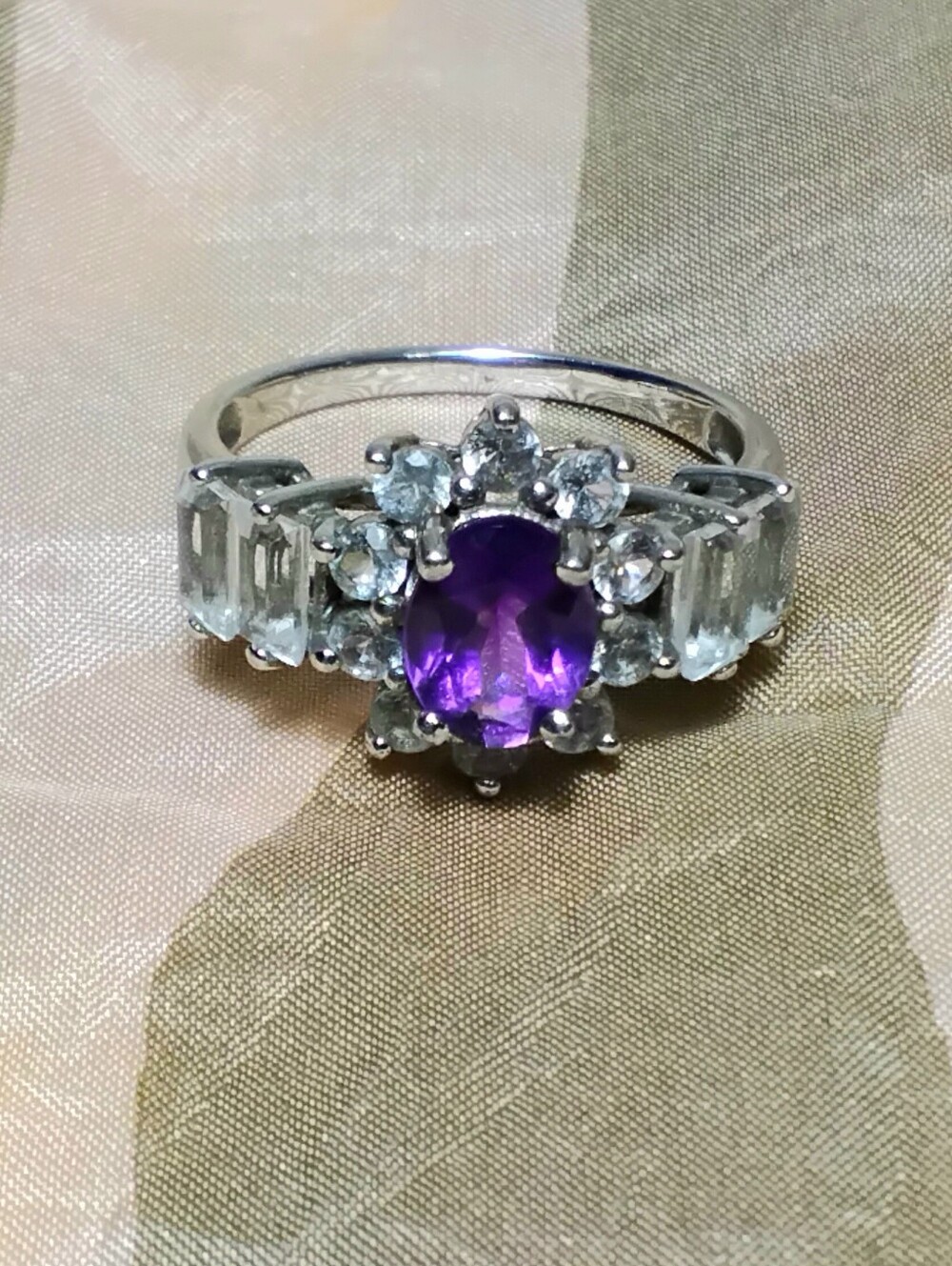 925 Silver Amethyst Halo Ring Cz Baguette Ring Sz 7-3/4